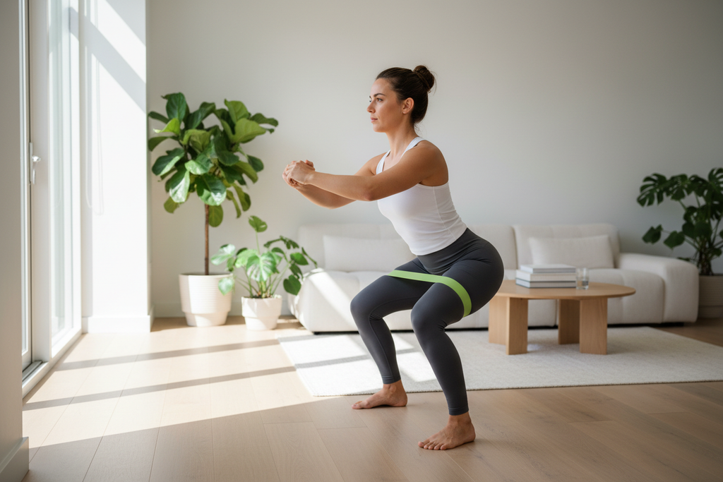 Person doing resistance band squats at home – premium home workout lifestyle