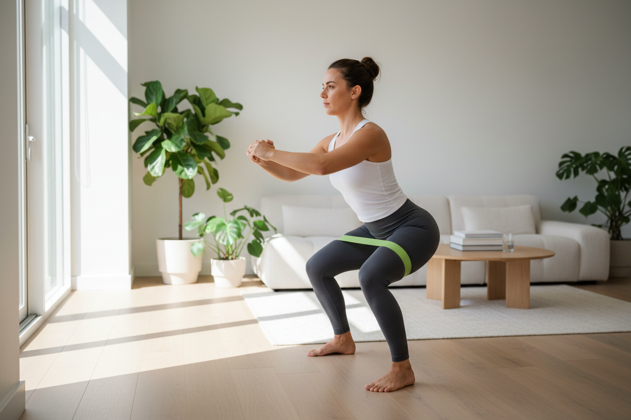 Person doing resistance band squats at home – premium home workout lifestyle